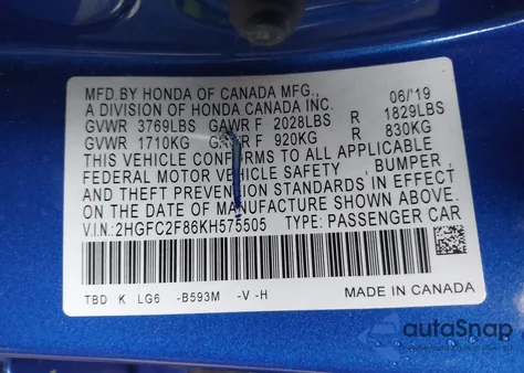 2019 Honda Civic Sport из США, поврежденный, VIN 2HGFC2F86KH575505